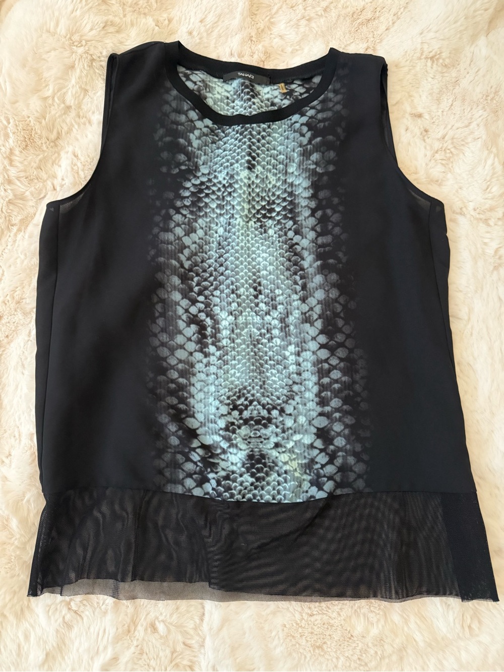 Tahari Sleeveless Black Top with Blue/Gray Snake-Print Accent - Size Med/Large